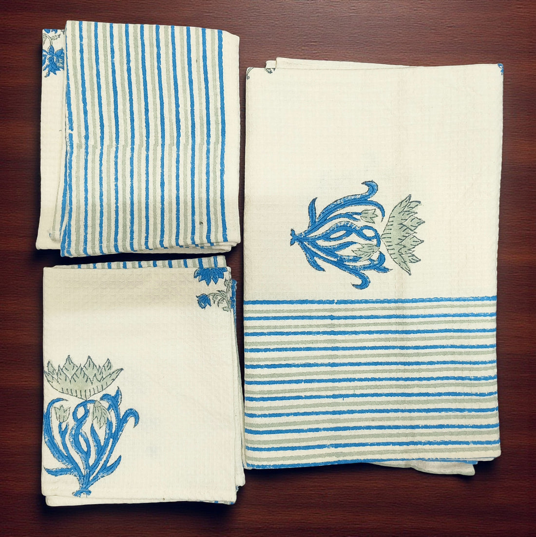 Hand Block Cotton Honeycomb Towel Set (1 Bath Towel 2 Hand Towels)-Neela Boota