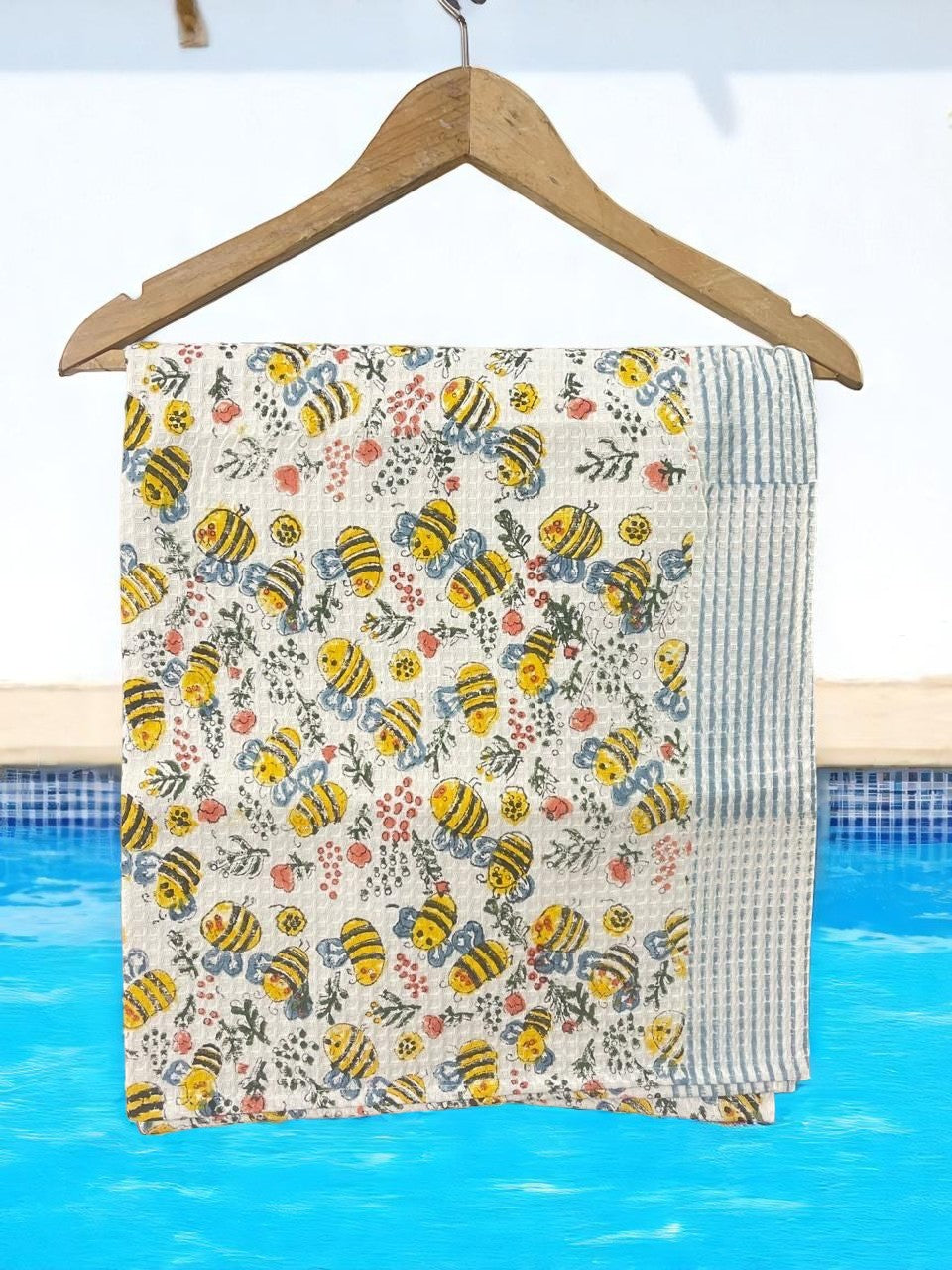 Hand Block Cotton Honeycomb Towel Kids Design (Bubbly Bee)