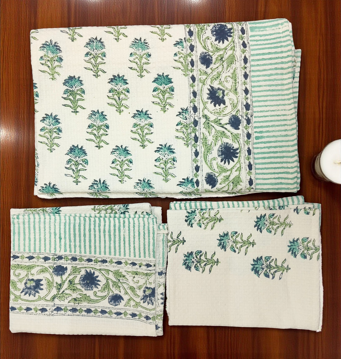Hand Block Cotton Honeycomb Towel Set (1 Bath Towel 2 Hand Towels)- Floral Boota