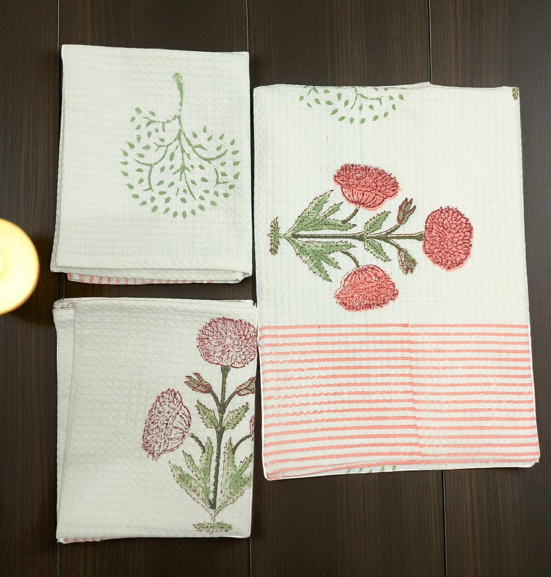 Hand Block Cotton Honeycomb Towel Set (1 Bath Towel 2 Hand Towels)-Evergreen Tree