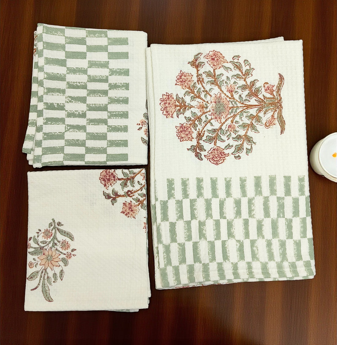 Hand Block Cotton Honeycomb Towel Set (1 Bath Towel 2 Hand Towels)- Flower Boquet