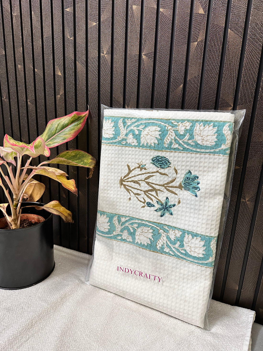 Hand Block Cotton Honeycomb Towel Set (1 Bath Towel 2 Napkins)