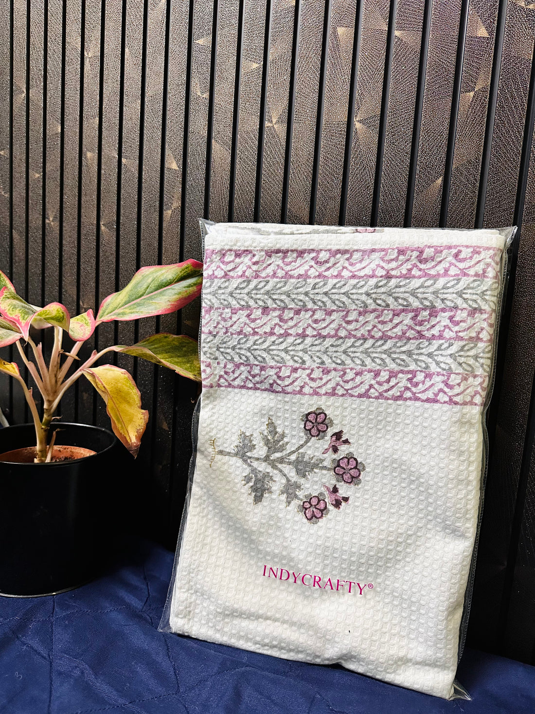 Hand Block Cotton Honeycomb Towel Set (1 Bath Towel 2 Napkins)