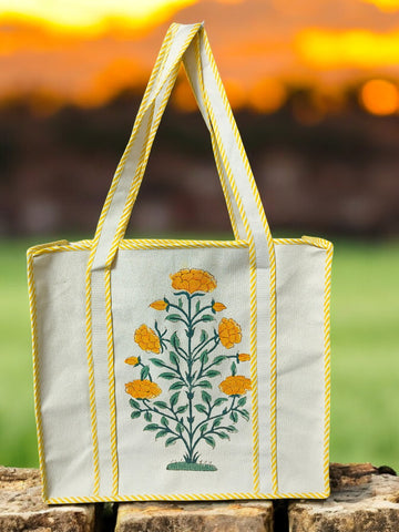 Canvas Hand Block multipurpose hand bag (With Zipper closure) (Yellow Flowers)