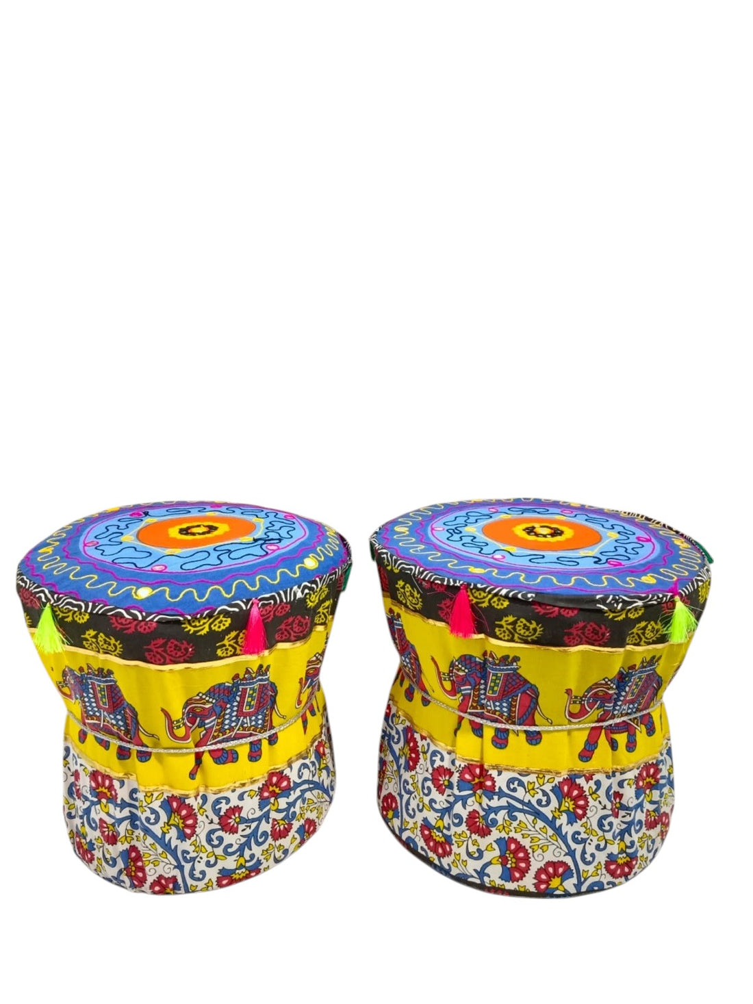 Rajasthani Mudda/Bamboo Traditional Style Stool Cover  - Size 17x18 Inches (Set of 2 Pieces, Cover Only, Yellow-Elephant)