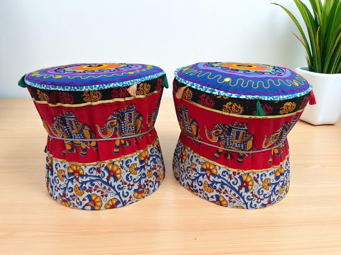 Rajasthani Mudda/Bamboo Traditional Style Stool Cover  - Size 17x18 Inches (Set of 2 Pieces, Cover Only, Elephant)