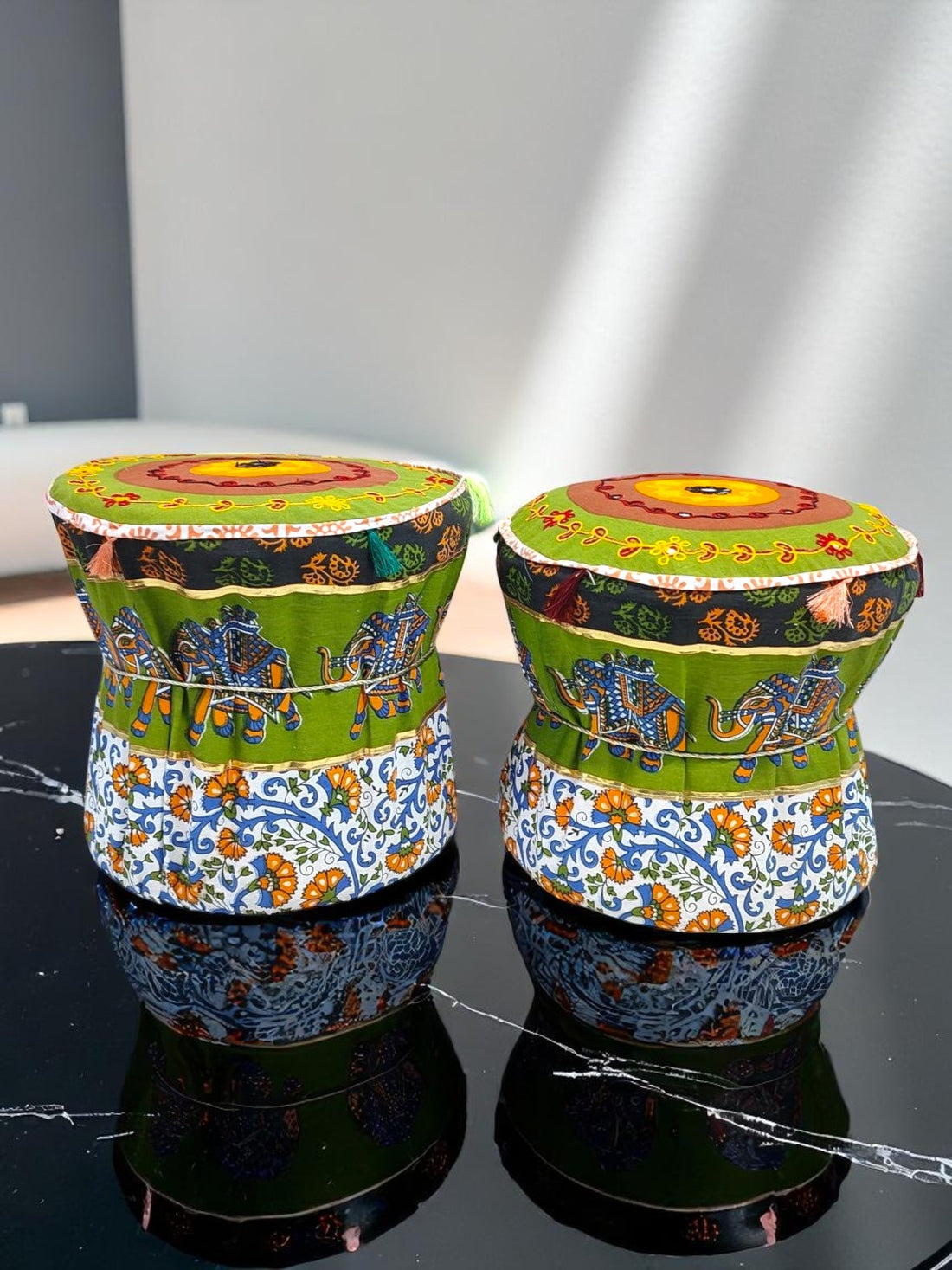 Rajasthani Mudda/Bamboo Traditional Style Stool Cover  - Size 17x18 Inches (Set of 2 Pieces, Cover Only, Green-Elephant)