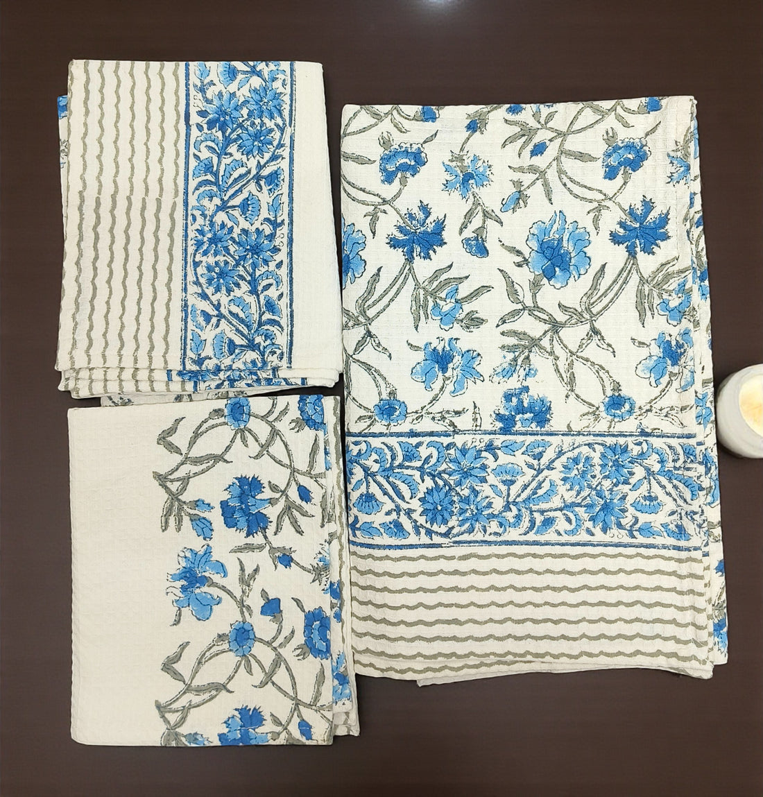 Hand Block Cotton Honeycomb Towel Set (1 Bath Towel 2 Hand Towels)- Blue Floral