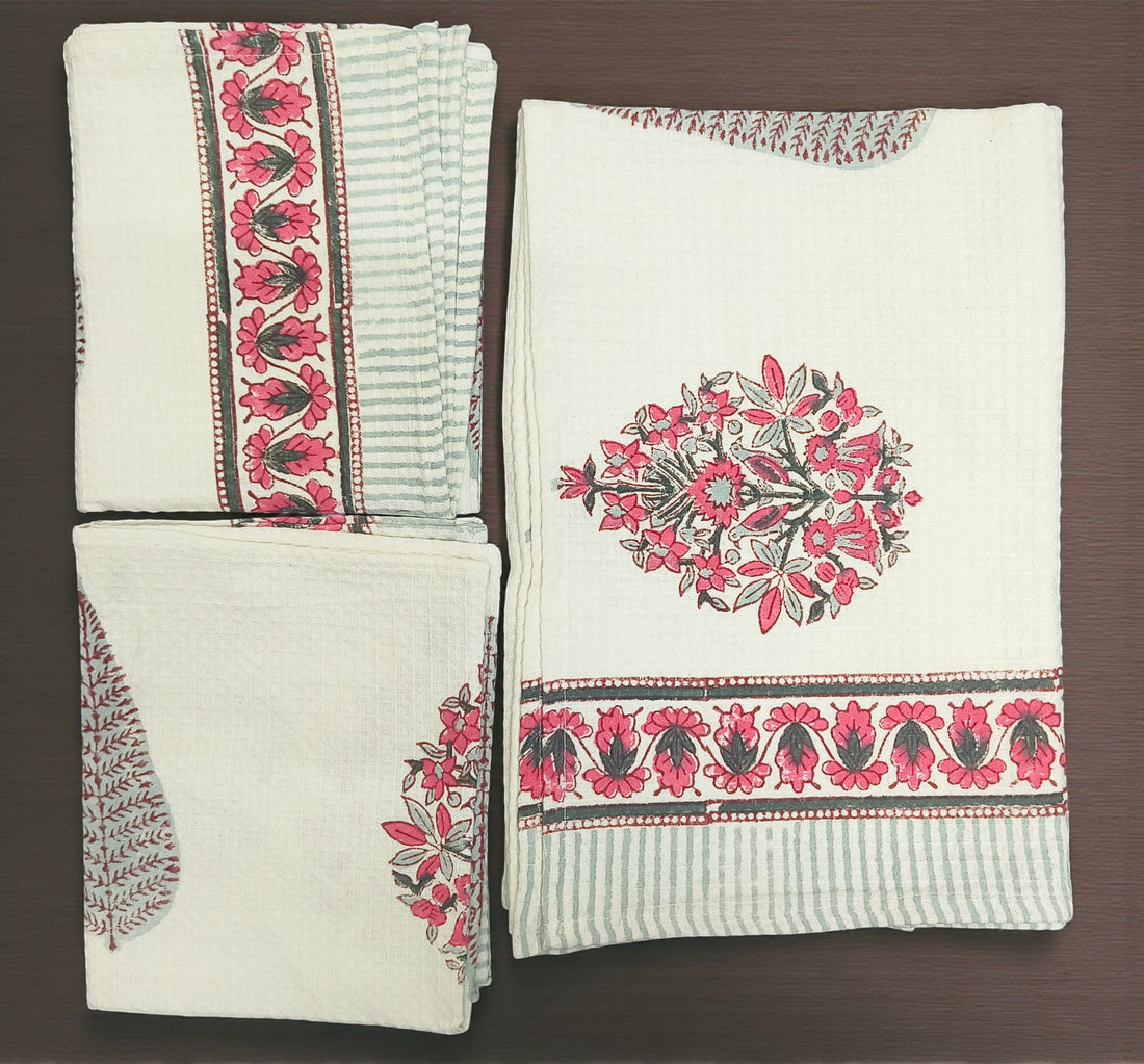 Hand Block Cotton Honeycomb Towel Set (1 Bath Towel 2 Hand Towels)- Floral Bliss