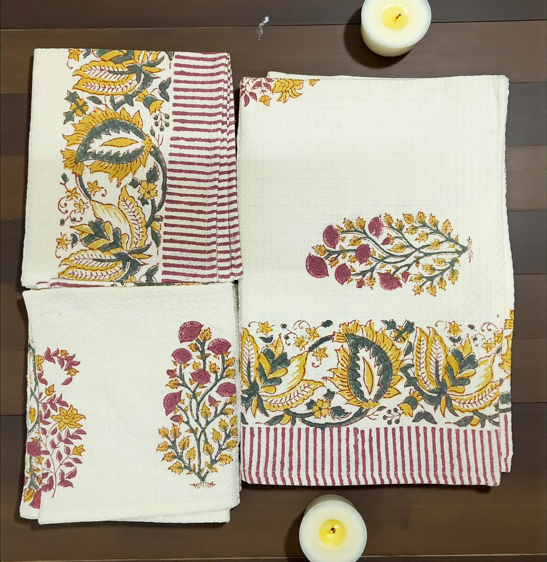 Hand Block Cotton Honeycomb Towel Set (1 Bath Towel 2 Hand Towels)- Royal Touch