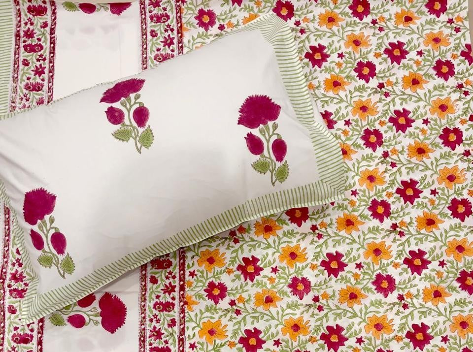 Hand Block Percale Cotton King Size Premium Bedsheet (Phool Jaal)