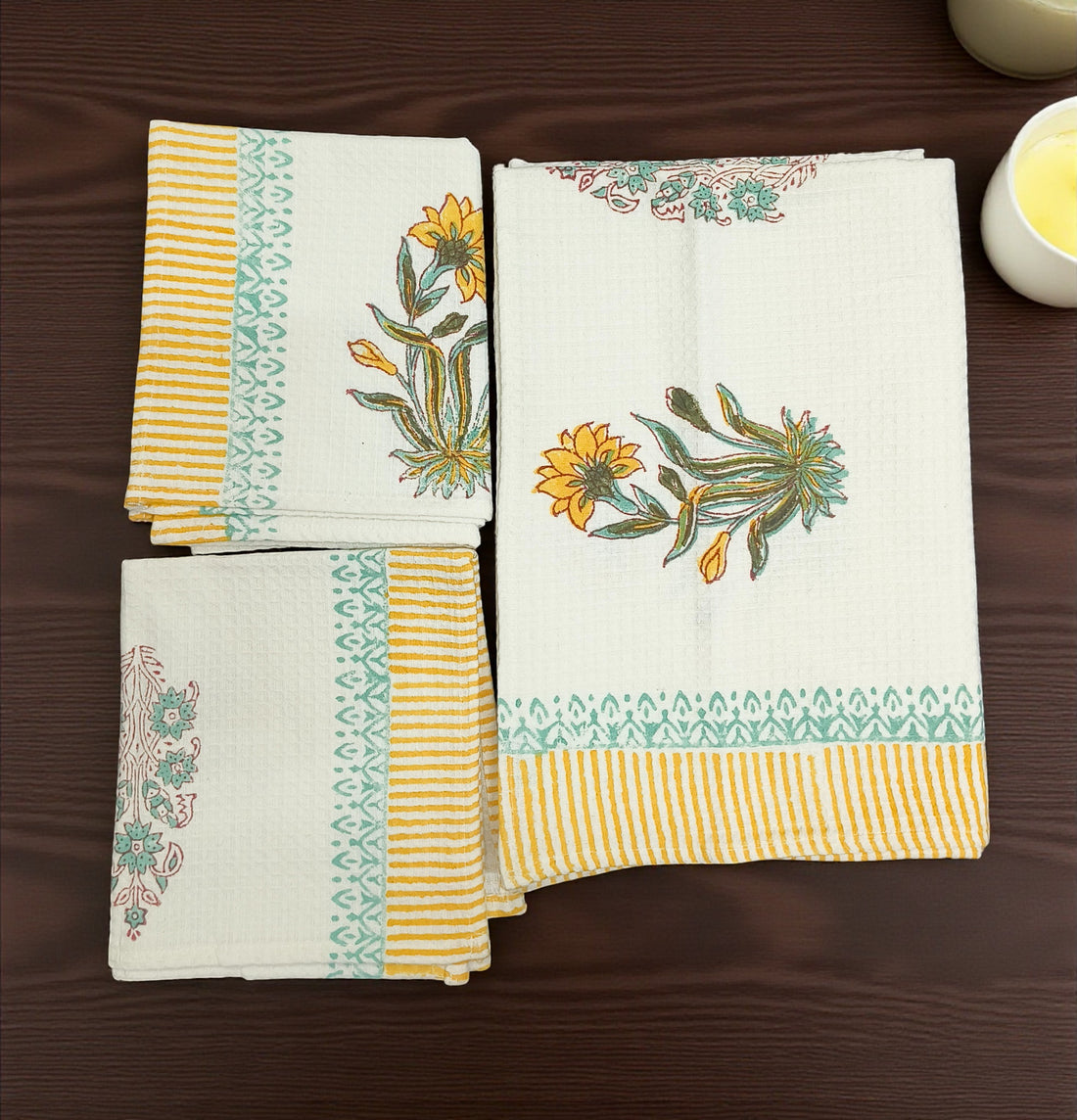Hand Block Cotton Honeycomb Towel Set (1 Bath Towel 2 Hand Towels)- Yellow Flower Set