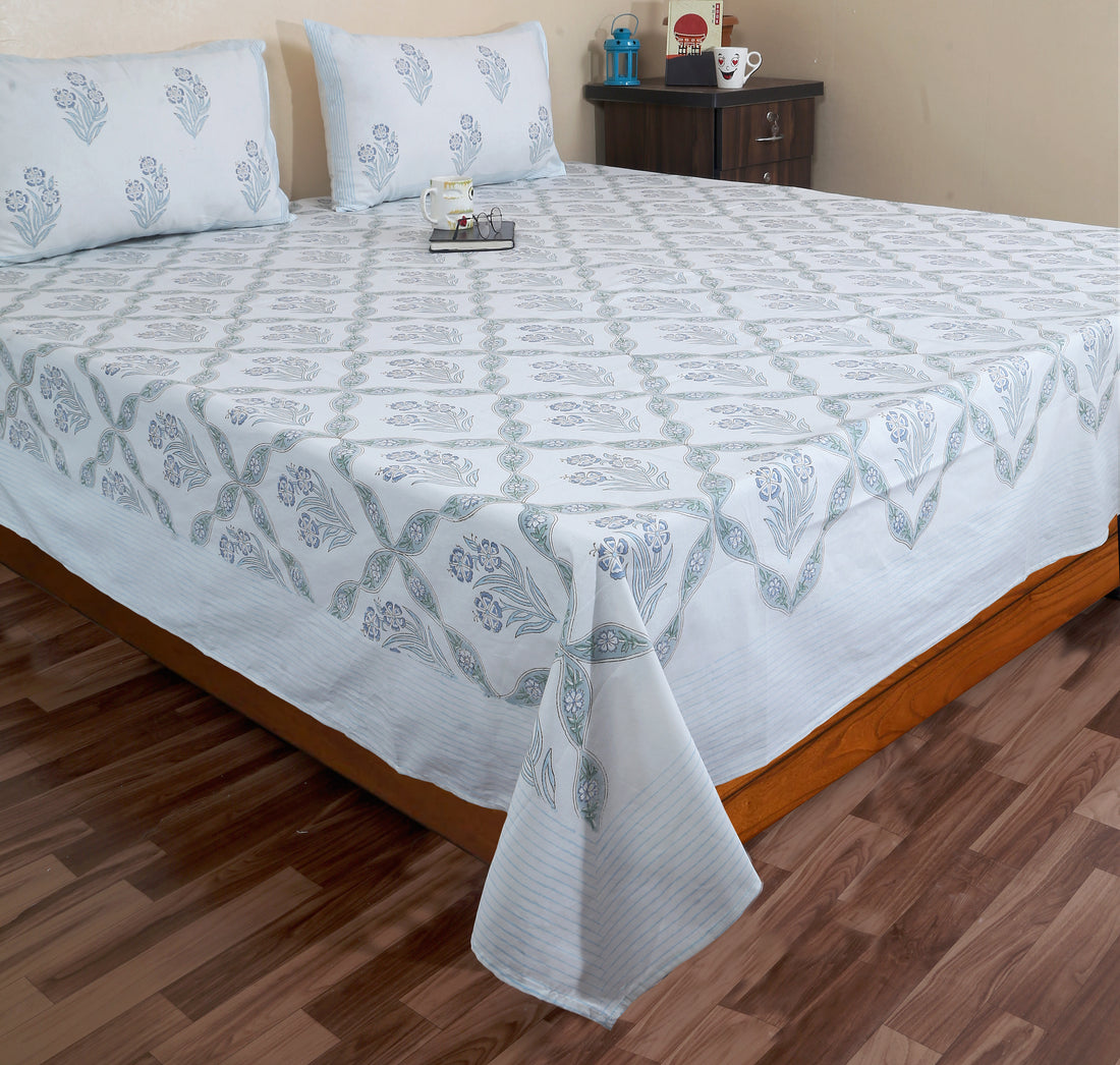 Hand Block Cotton King Size Premium Bedsheet 90x108 inch.