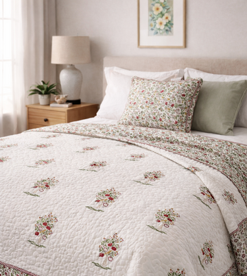 Hand Block Printed Reversible Quilted Bed Cover with 2 Quilted Pillow Covers(Tree Bird)