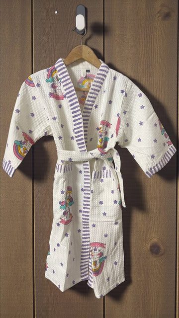 Hand Block Waffle Cotton Kids Bathrobe (New Unicorn)