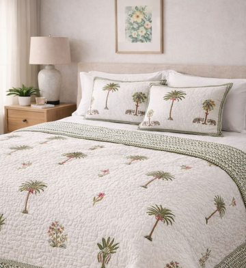 Hand Block Printed Reversible Quilted Bed Cover with 2 Quilted Pillow Covers (Elephant Palm Tree)