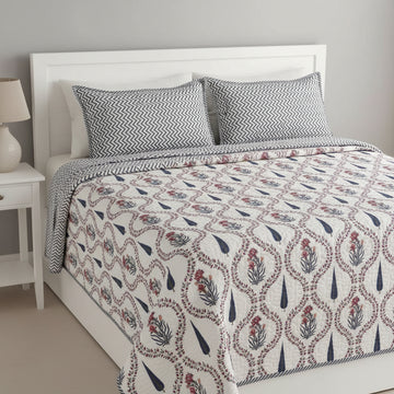 Hand Block Printed Reversible Quilted Bed Cover with 2 Quilted Pillow Covers (Mughal Flower)