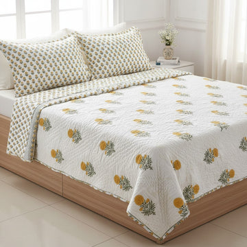 Hand Block Printed Reversible Quilted Bed Cover with 2 Quilted Pillow Covers (Yellow Flower)