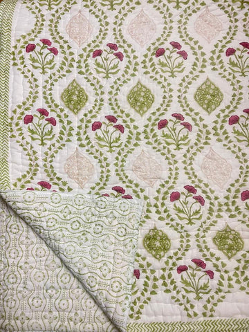 Hand Block Printed Reversible Quilted Bed Cover with 2 Quilted Pillow Covers (Mughal Flower Green)