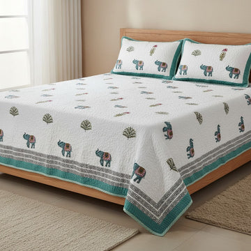 Hand Block Printed Reversible Quilted Bed Cover with 2 Quilted Pillow Covers (Royal Elephant)