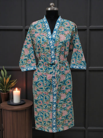 Hand Block Pure Cotton Waffle Bathrobe