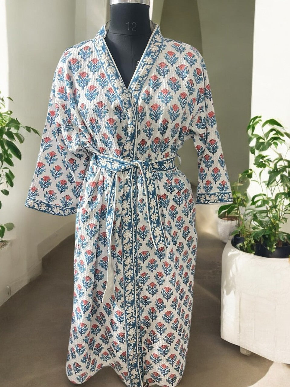 Hand Block Waffle Cotton Bathrobe