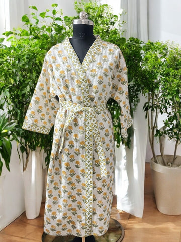 Hand Block Waffle Cotton Bathrobe