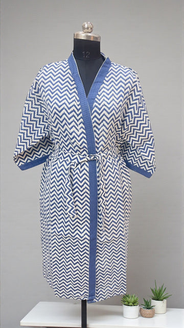 Hand Block Waffle Cotton Bathrobe (Blue Strips)