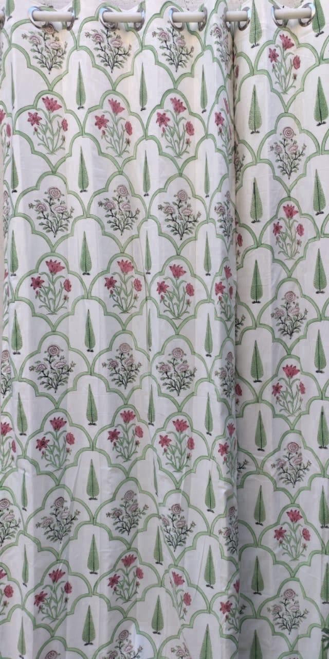 Handblock Cotton Curtains for Door & Window - White Base (1 pc) -C001