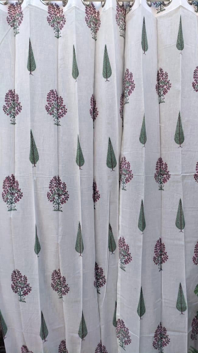 Handblock Cotton Curtains for Door & Window - White Base (1 pc) -C002