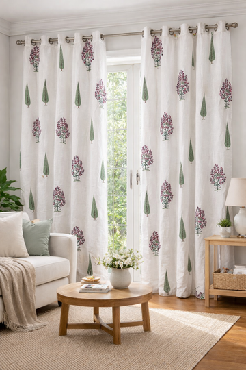 Handblock Cotton Curtains for Door & Window - White Base (1 pc) -C002