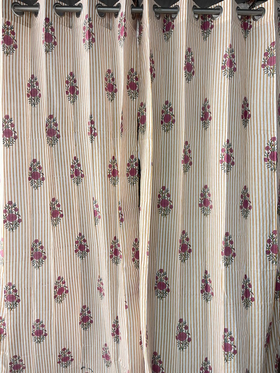 Handblock Cotton Curtains for Door & Window - White Base (1 pc) -C004