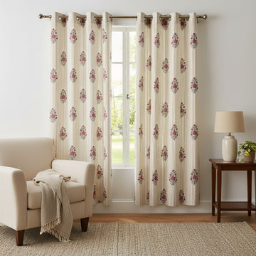 Handblock Cotton Curtains for Door & Window - White Base (1 pc) -C004