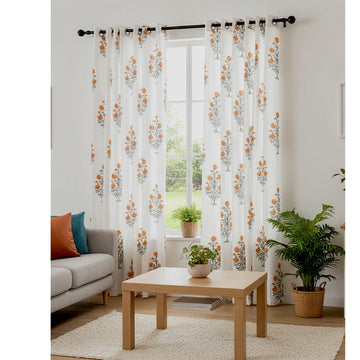 Handblock Cotton Curtains for Door & Window - White Base (1 pc) -C005