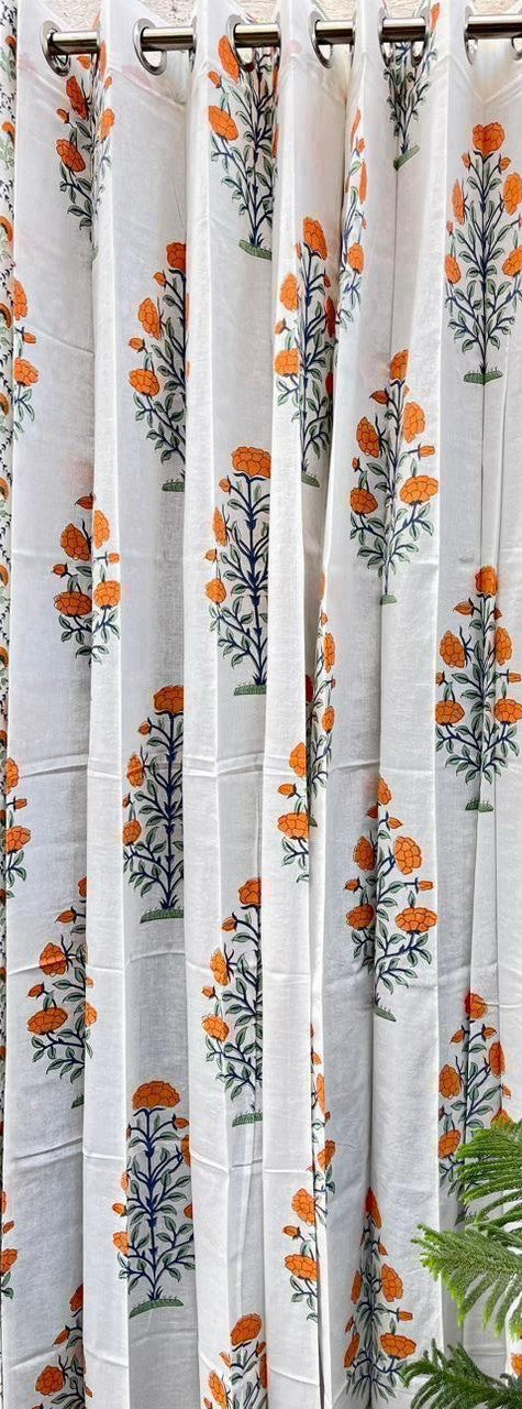 Handblock Cotton Curtains for Door & Window - White Base (1 pc) -C005