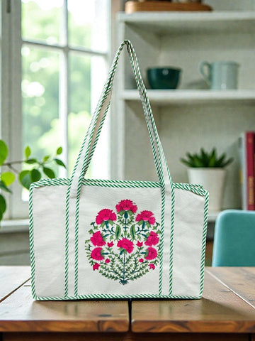 Canvas Hand Block multipurpose hand bag (With Zipper closure) (Pink Flowers)