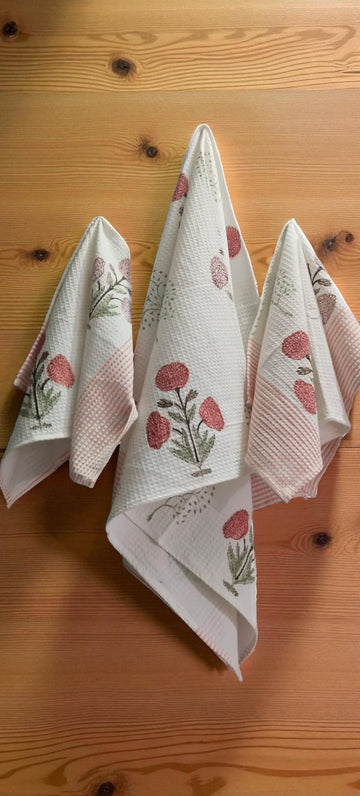 Hand Block Cotton Honeycomb Towel Set (1 Bath Towel 2 Hand Towels)-Evergreen Tree