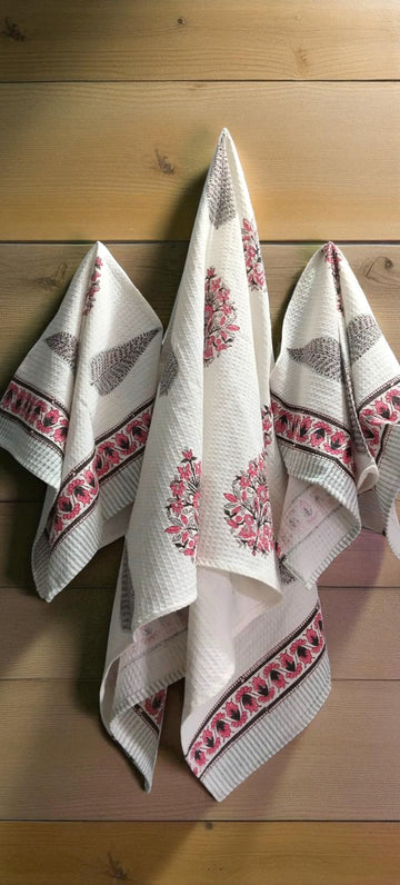 Hand Block Cotton Honeycomb Towel Set (1 Bath Towel 2 Hand Towels)- Floral Bliss