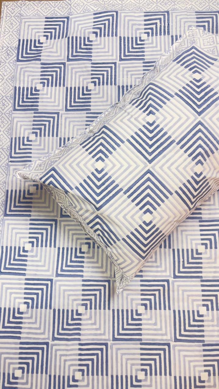 Hand Block Percale Cotton King Size Premium Bedsheet.(Geometry)