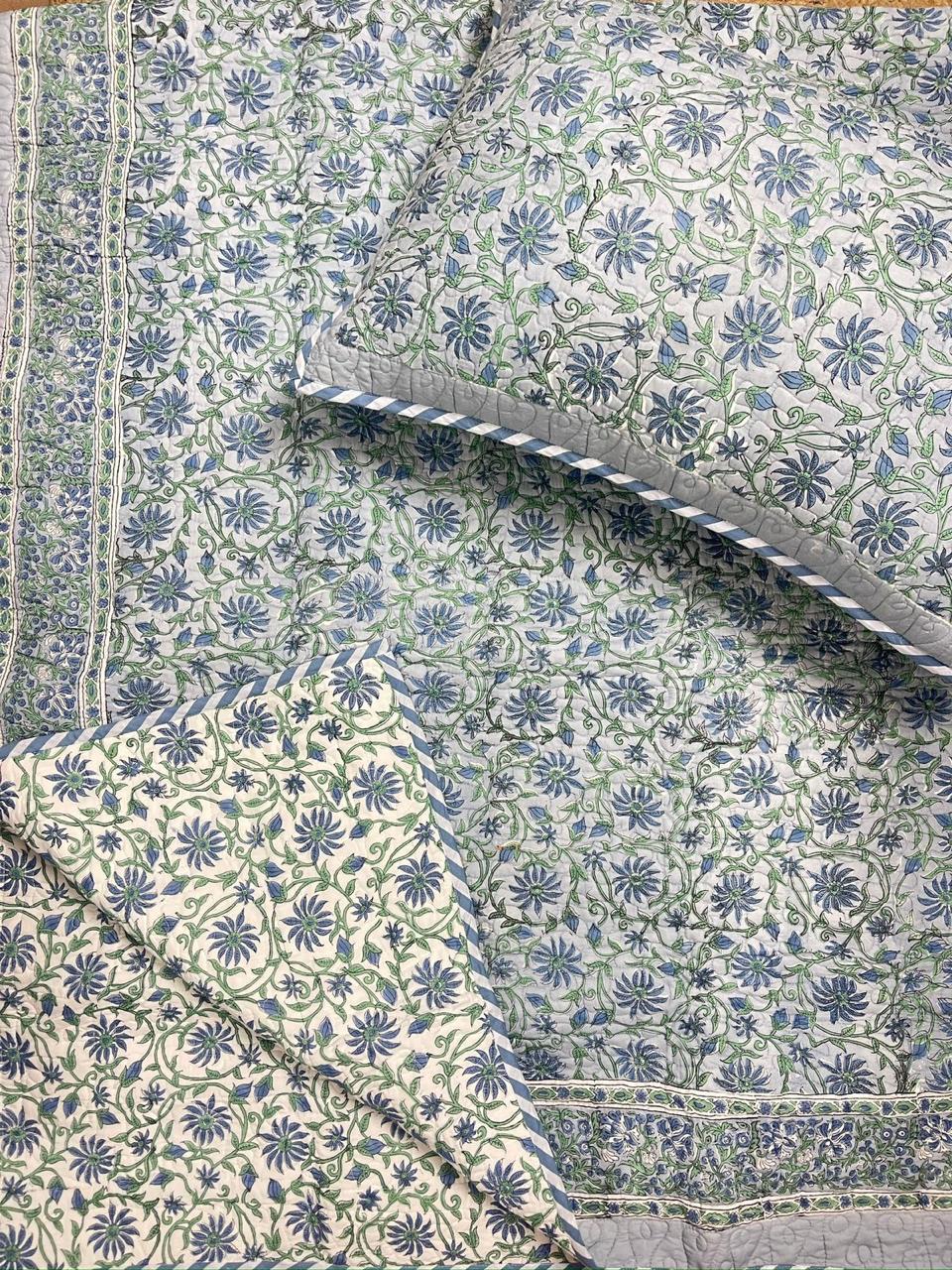 Hand Block Printed Quilted Bed Cover (Blue Flowers)