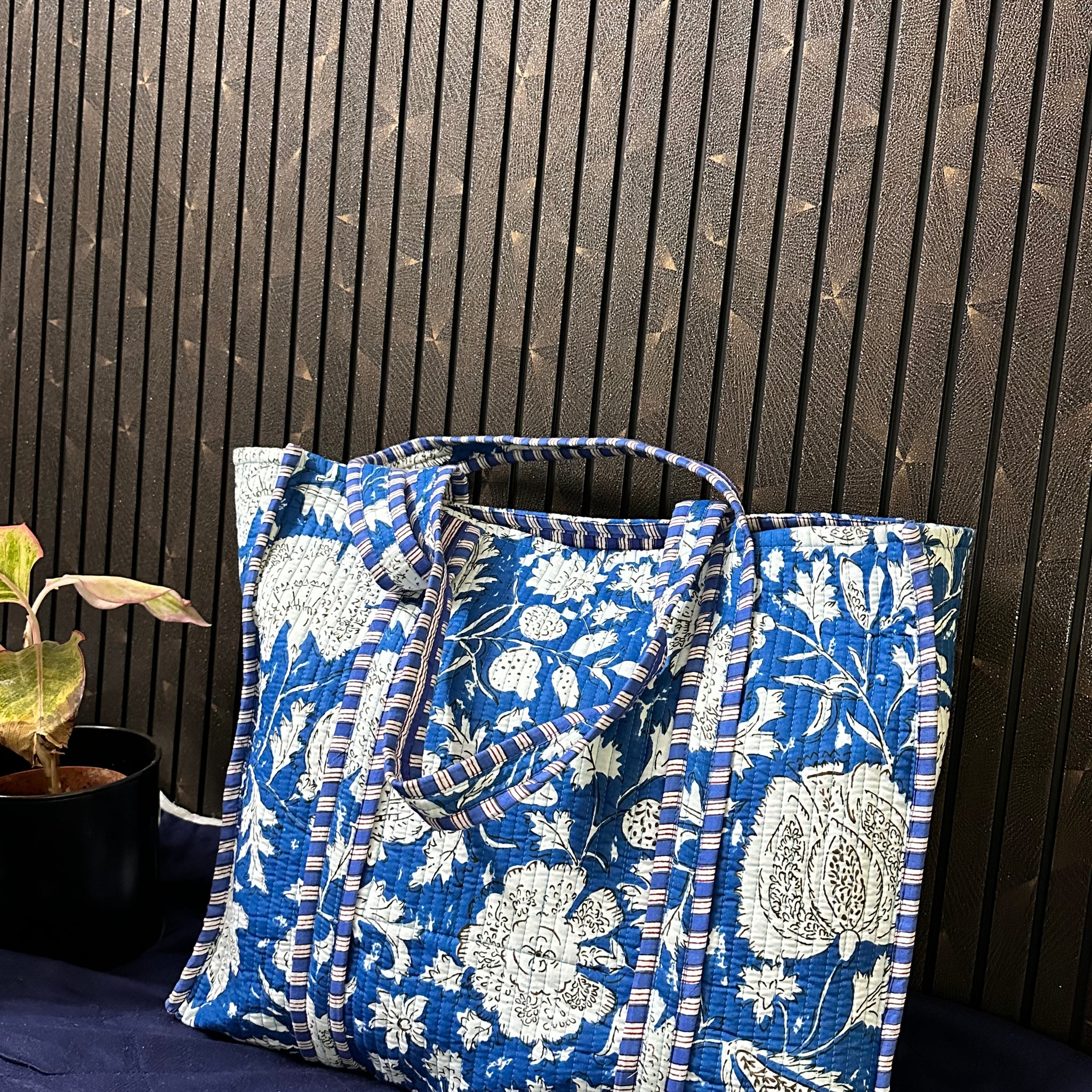 Blue White Floral quilted tote bag (without zip)