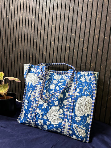 Blue White Floral quilted tote bag (without zip)