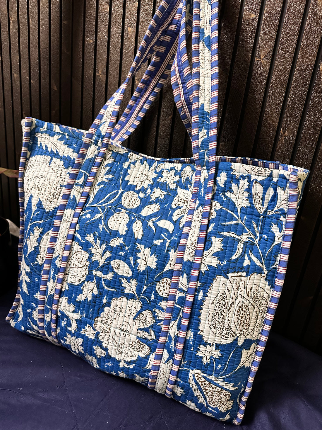 Blue White Floral quilted tote bag (without zip)