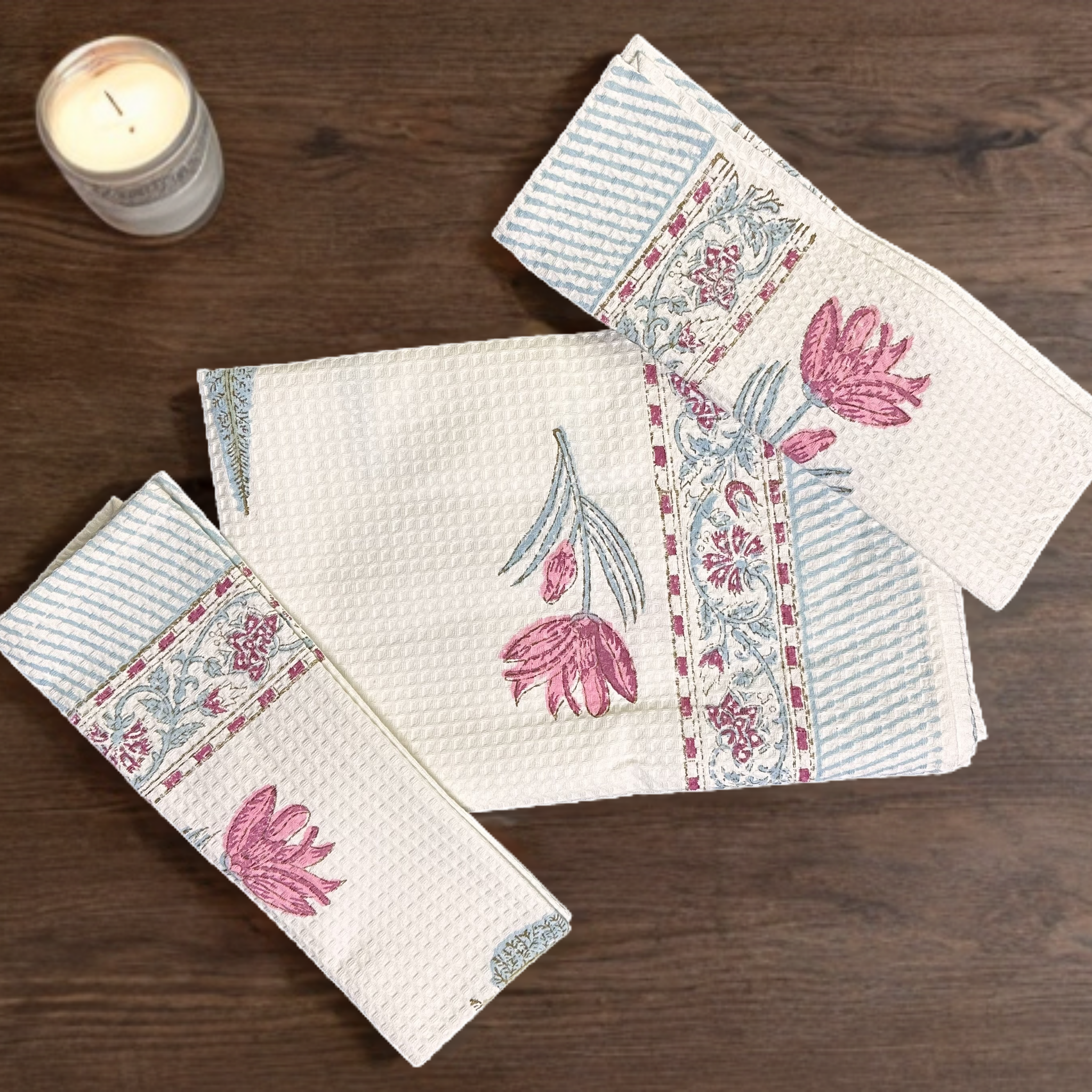 Handblock Cotton Honeycomb Towel Set (1 Bath Towel 2 Napkins)