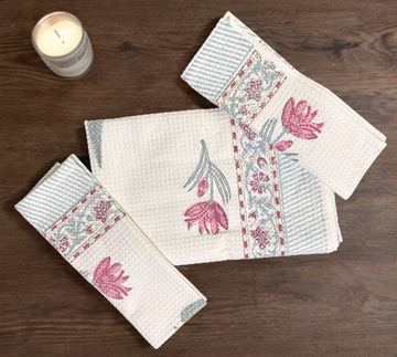 Handblock Cotton Honeycomb Towel Set (1 Bath Towel 2 Napkins)