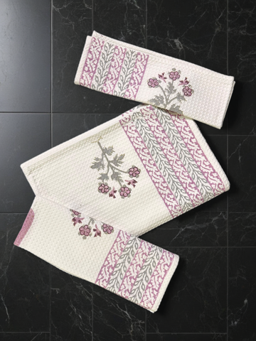 Handblock Cotton Honeycomb Towel Set (1 Bath Towel 2 Napkins)