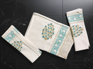 Hand block Cotton Honeycomb Towel Set (1 Bath Towel 2 Napkins)