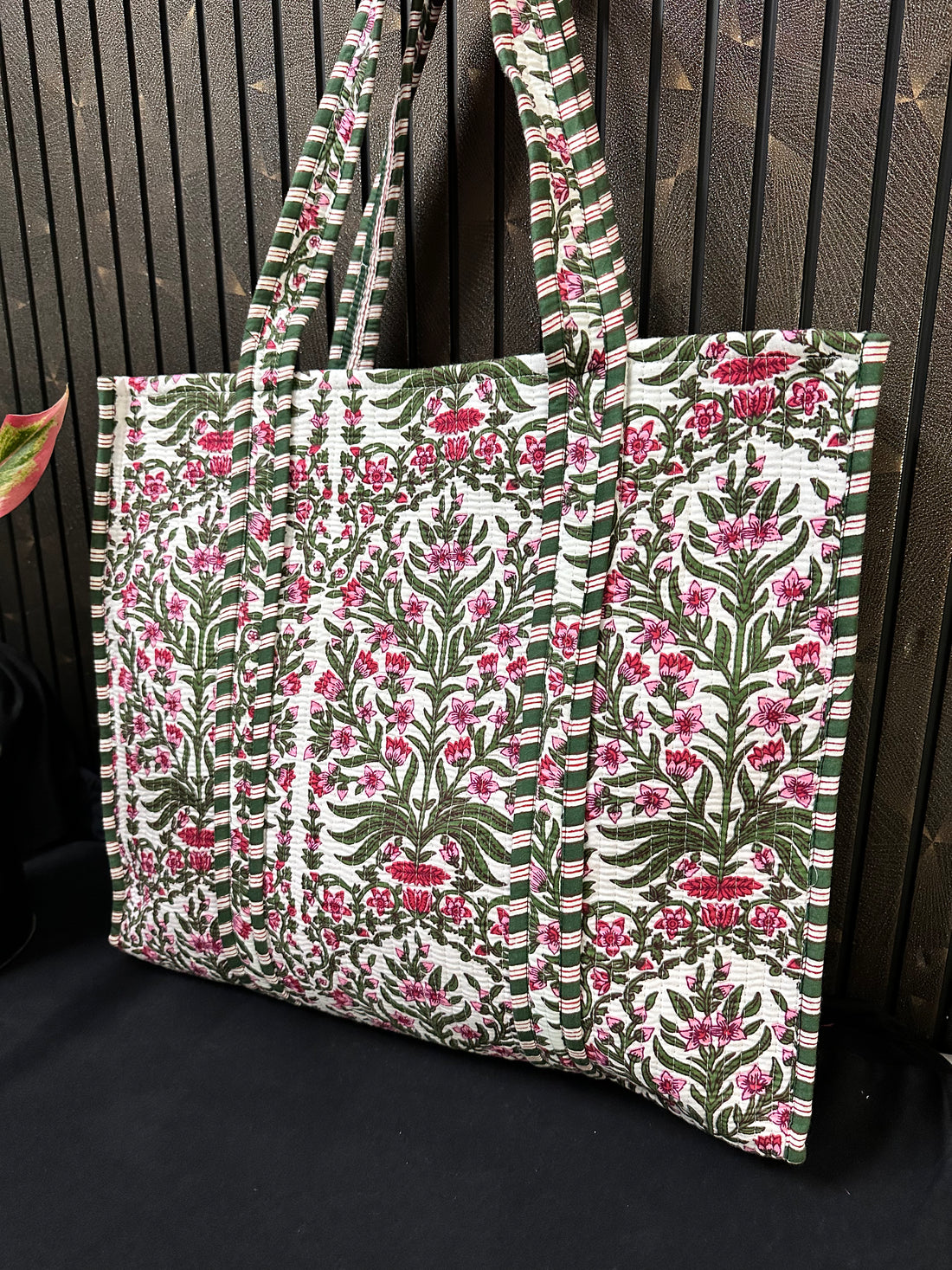 Pink Green Kyari quilted cotton tote bag (without zip)