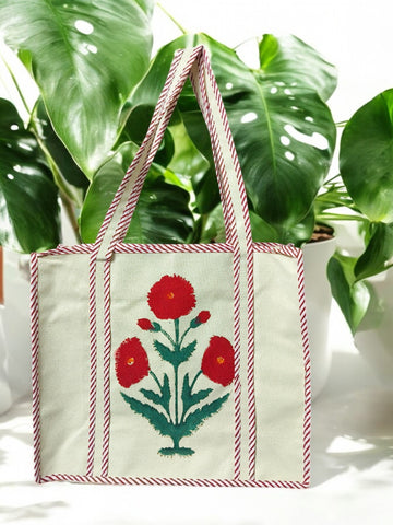 Canvas Hand Block multipurpose hand bag (With Zipper closure) (Red Flowers)