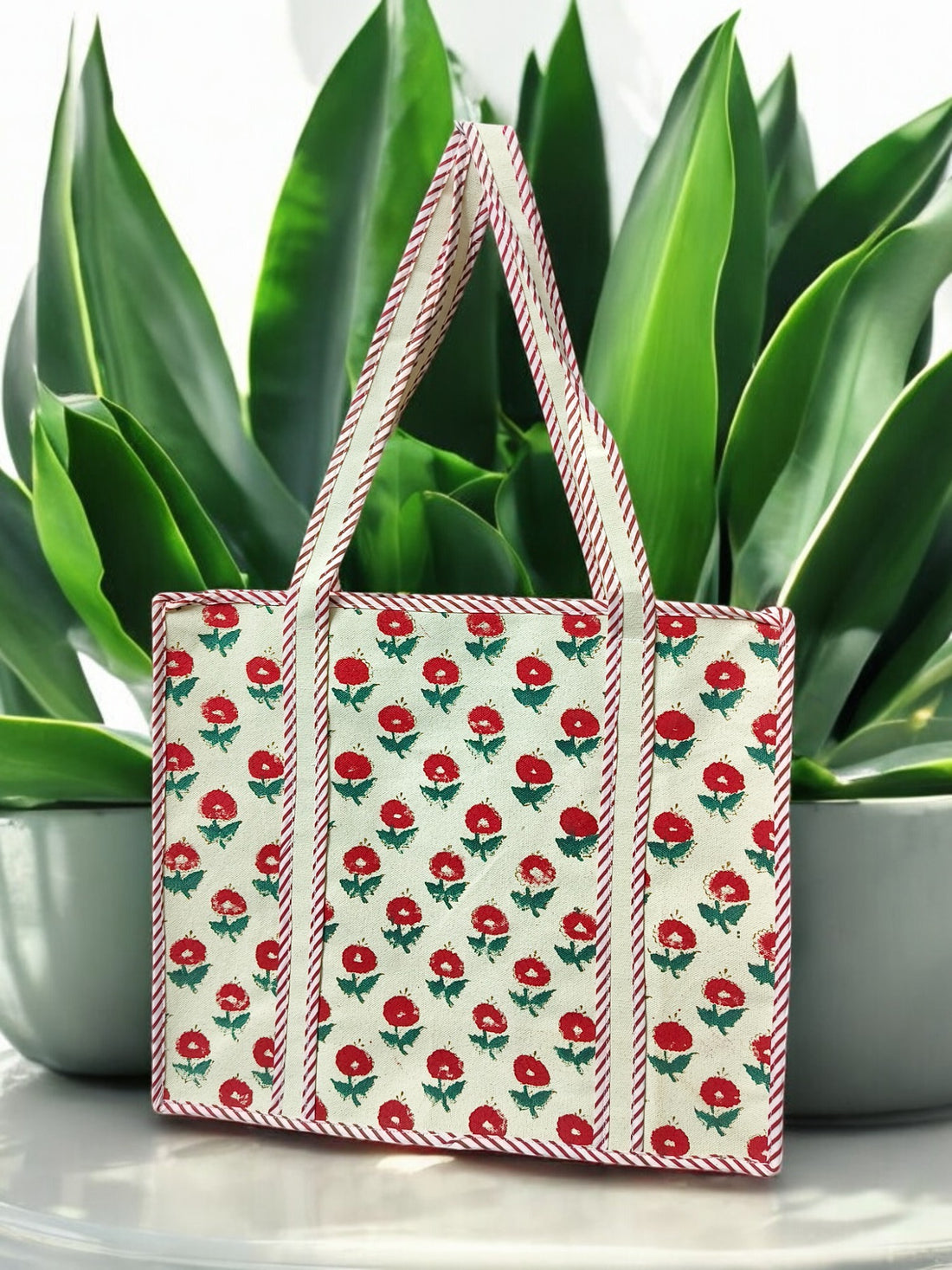 Canvas Hand Block multipurpose hand bag (With Zipper closure) (Red Flowers)